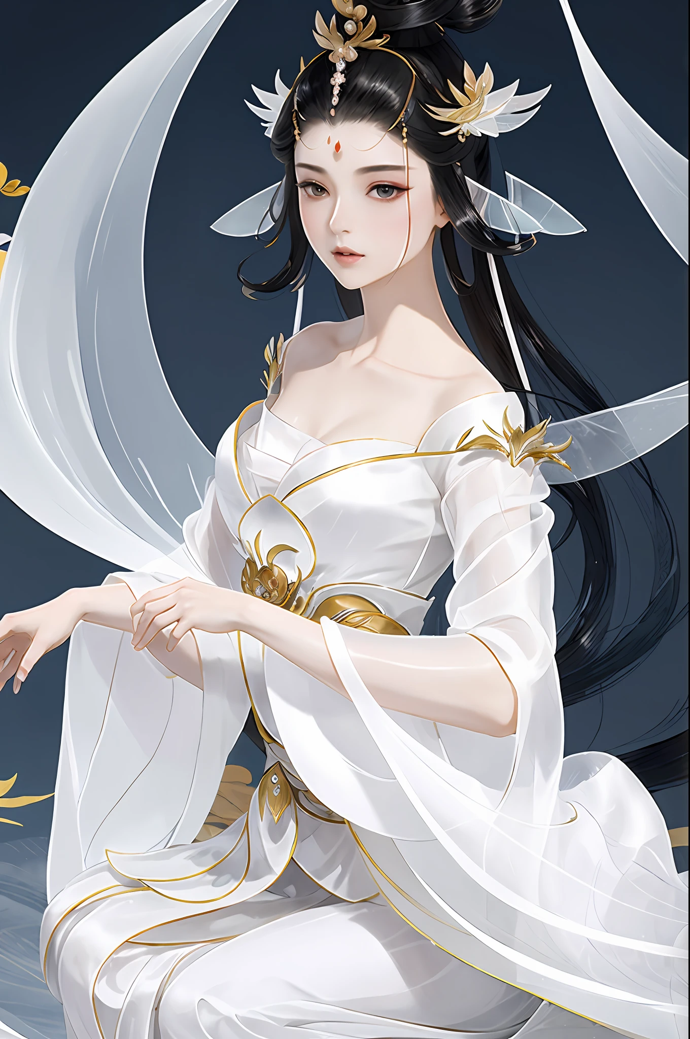 （1 game fairy beautiful girl dressed in white），Flowing sleeves，watery big eyes，Beautiful face and smooth fair skin，s delicate face，Flowing black hair，An ancient Chinese beauty，wearing ancient Chinese costume，Flowing tulle，Light shades，Light color，（clean backdrop），Ink painting style，Clean colors，Decisive cut，A white space，unarmed，tmasterpiece， Ultra-delicate，Epic composition，high high quality，HighestQuali，4K