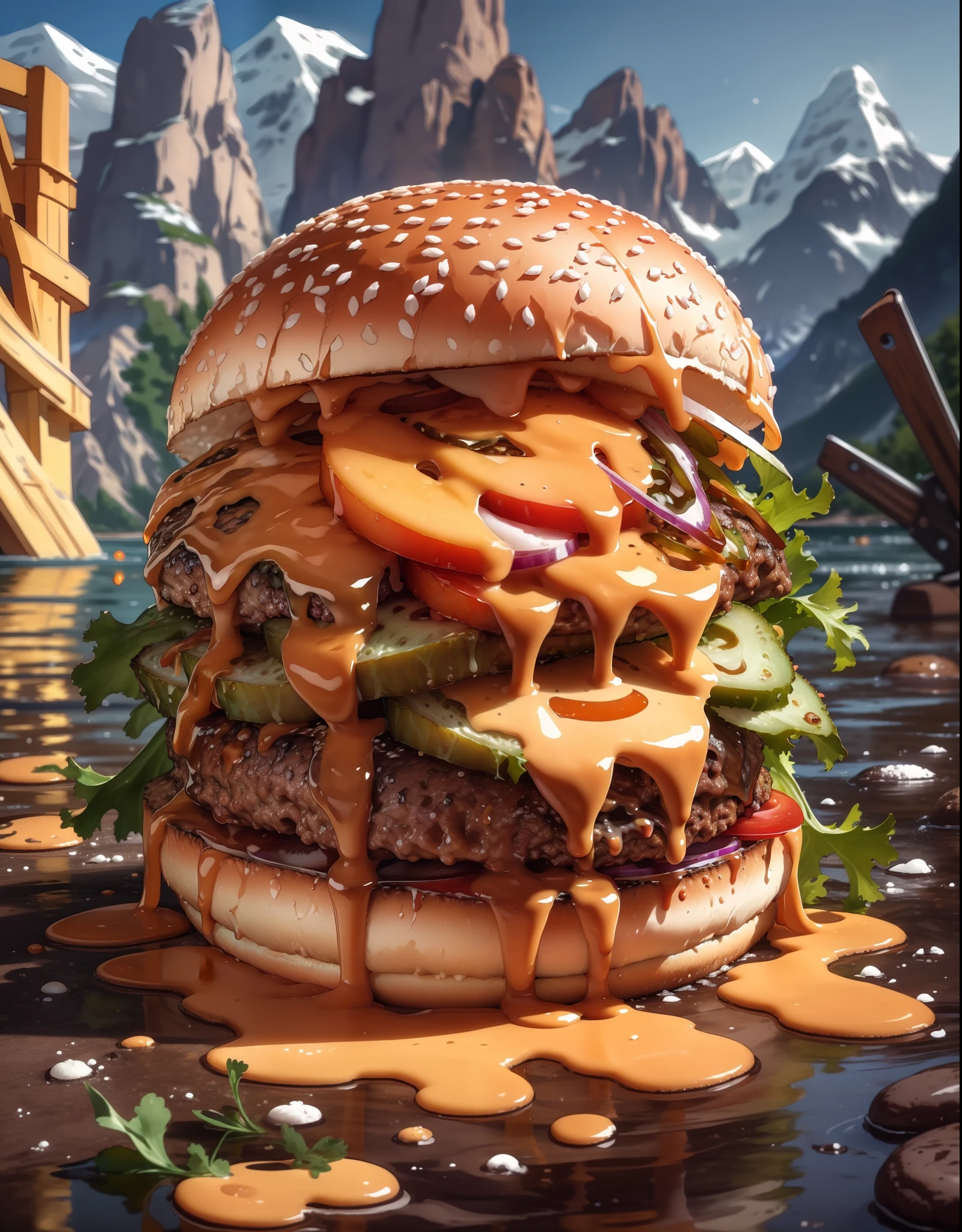 (Obra de arte, qualidade máxima, melhor qualidade, bonito e estético:1.2), extremamente detalhado, mais detalhado,Hamburger,foto de hambúrguer,  fundo branco, cenário, tinta, montanhas, água, árvores