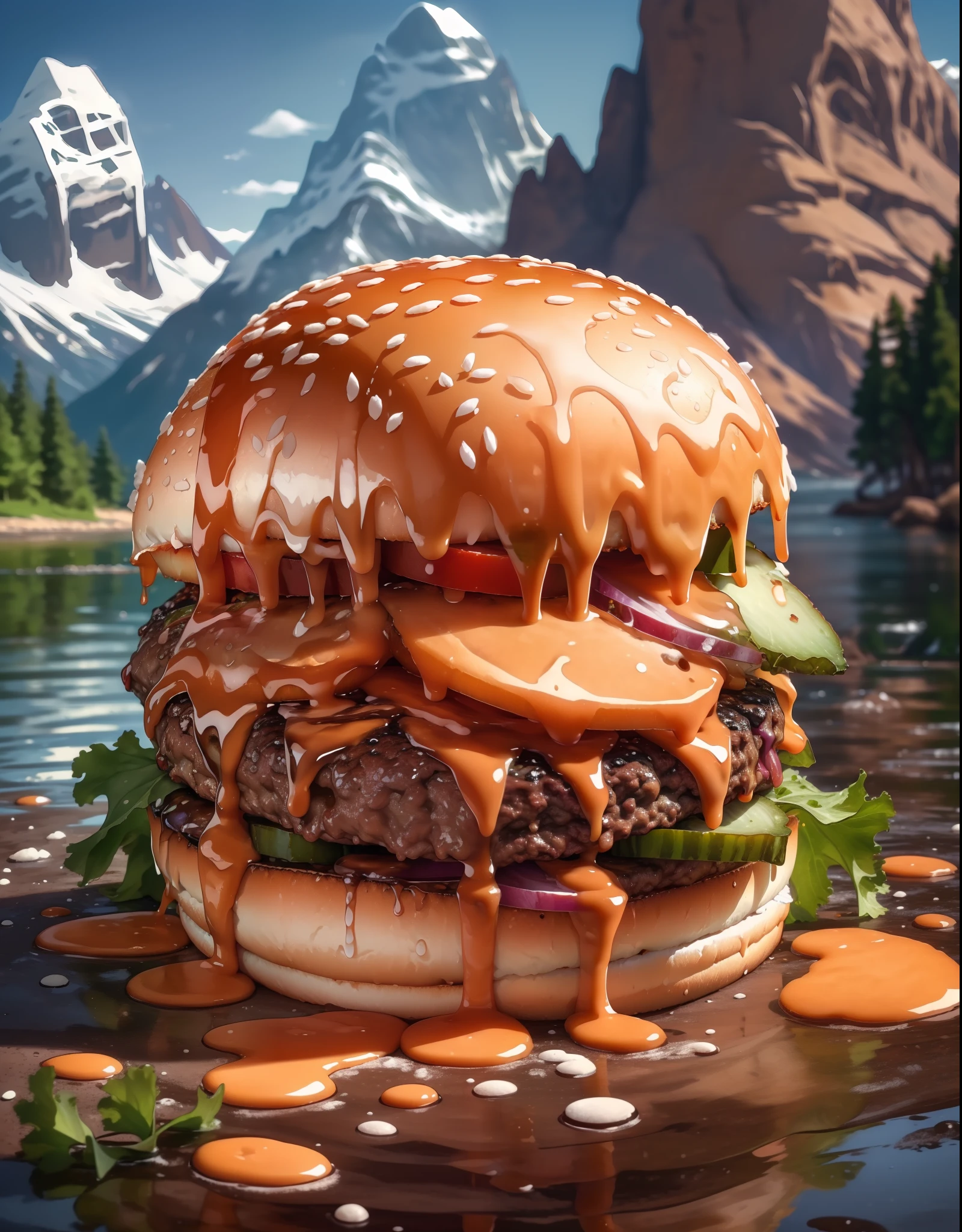 (chef-d&#39;œuvre, qualité supérieure, Meilleure qualité, beau et esthétique:1.2), extrêmement détaillé, le plus détaillé,Humburger,photo de hamburger,  fond blanc, paysage, encre, Montagnes, eau, des arbres