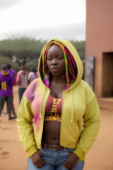 beautiful africana college woman, wearing hoodie, looking at viewer, holi color festival, portrait, hyper detailed POV, by lee j...