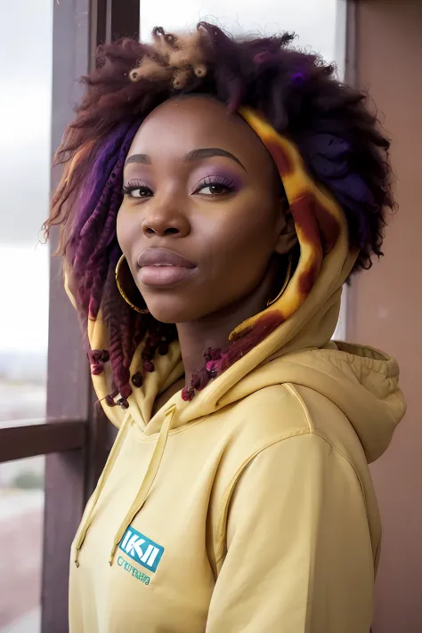 beautiful africana college woman, wearing hoodie, looking at viewer, holi color festival, portrait, hyper detailed POV, by lee jeffries, nikon d850, film stock photograph ,4 kodak portra 400 ,camera f1.6 lens ,rich colors ,hyper realistic ,lifelike texture...