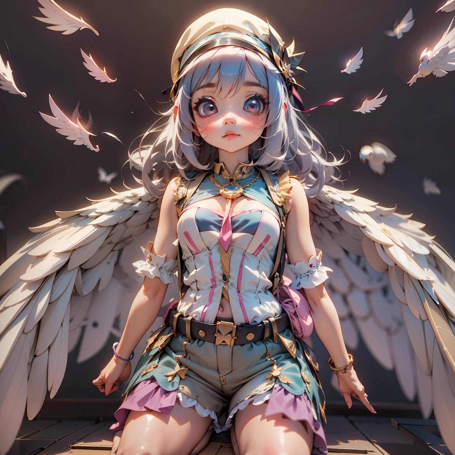 Anime girl with wings sitting on a platform with a lot of feathers flying  around her - SeaArt AI