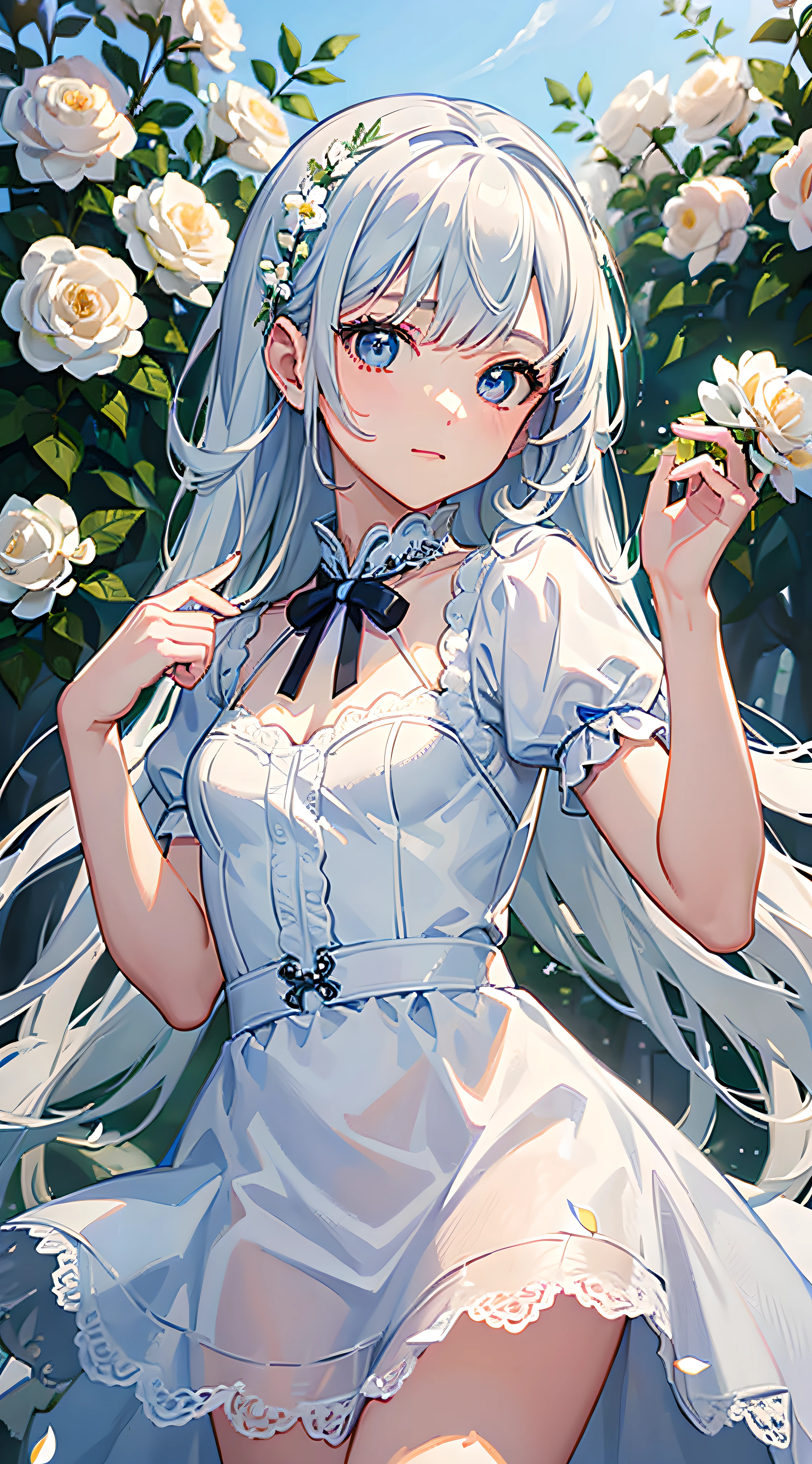 (masterpiece, best quality:1.6), white lace dress, cowboy shot, thighs, beautiful girl, (flowers, many small white petals:1.3), garden, blue sky, looking at viewer, small waist, official art, raw photo, incredibly absurdres, facelight, dynamic lighting, cinematic lighting, ultra realistic, highres, photography, sharp focus, highest detailed, extreme detailed, ultra detailed, finely detail, extremely detailed eyes and face