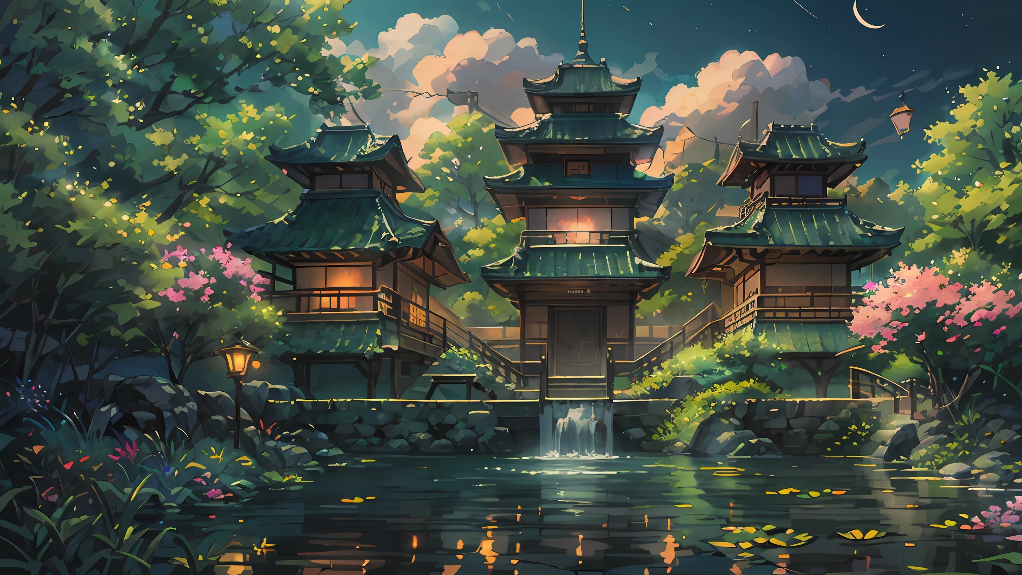 16:9 Full picture，Chinese Ancient Architecture、Hazy moon、the night、trpical garden、bamboos、lakes、Stone、rockery、archs、nooks、rockery、The tree、flowingwater、scenecy、exteriors、waterfallr、grassy fields、Rochas、water lilies、hot onsen、water vapour、（illustratio：1.0）、Epic composition、Detail Enhancement，Detail enhancement。Realistic lighting、high definition detail、tmasterpiece、The best quality，（Very detailed CG unified 16k wallpaper），（The best quality）