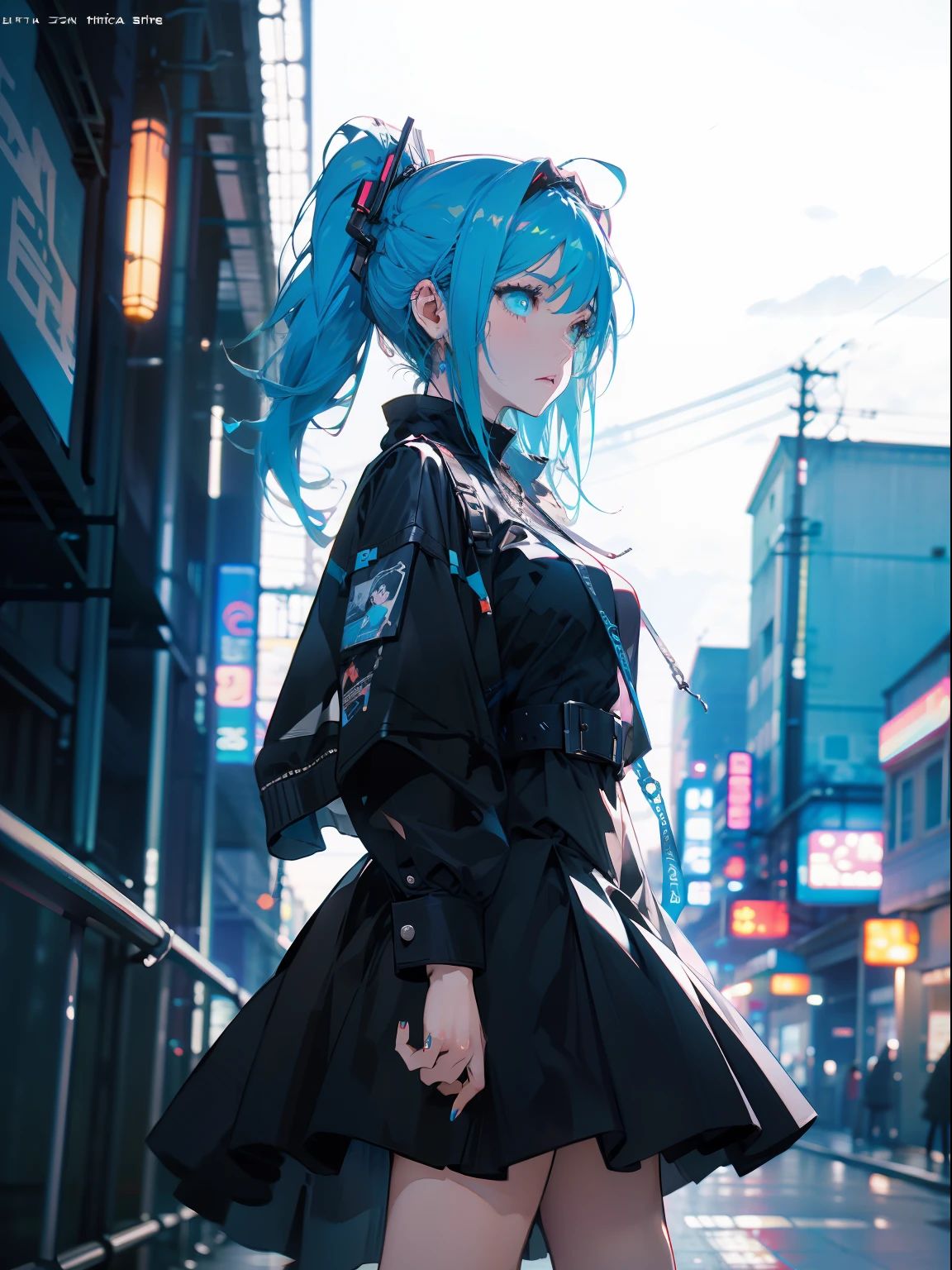 A woman with blue hair and a black dress stood in a narrow alley。，side pony tail，Design clothing，Anime style 4K，Anime girl with teal hair，trending on artstation pixiv，cyberpunk anime girl，cute anime waifu in a nice dress，Anime moe art style，High quality anime art style，Anime style。8K animation art wall，HD close-up