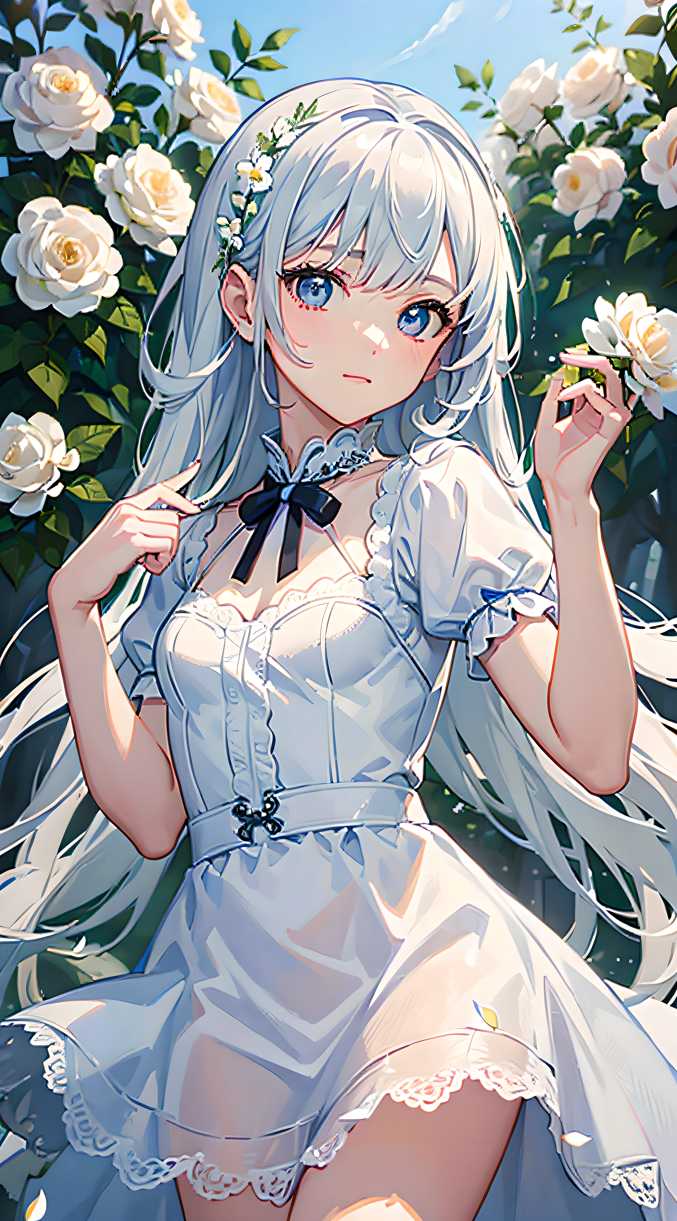 (masterpiece, best quality:1.6), white lace dress, cowboy shot, thighs, beautiful girl, (flowers, many small white petals:1.3), garden, blue sky, looking at viewer, small waist, official art, raw photo, incredibly absurdres, facelight, dynamic lighting, cinematic lighting, ultra realistic, highres, photography, sharp focus, highest detailed, extreme detailed, ultra detailed, finely detail, extremely detailed eyes and face