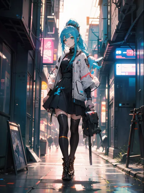 A woman with blue hair and a black dress stood in a narrow alley。，side pony tail，Design clothing，Anime style 4K，Anime girl with teal hair，trending on artstation pixiv，cyberpunk anime girl，cute anime waifu in a nice dress，Anime moe art style，High quality an...
