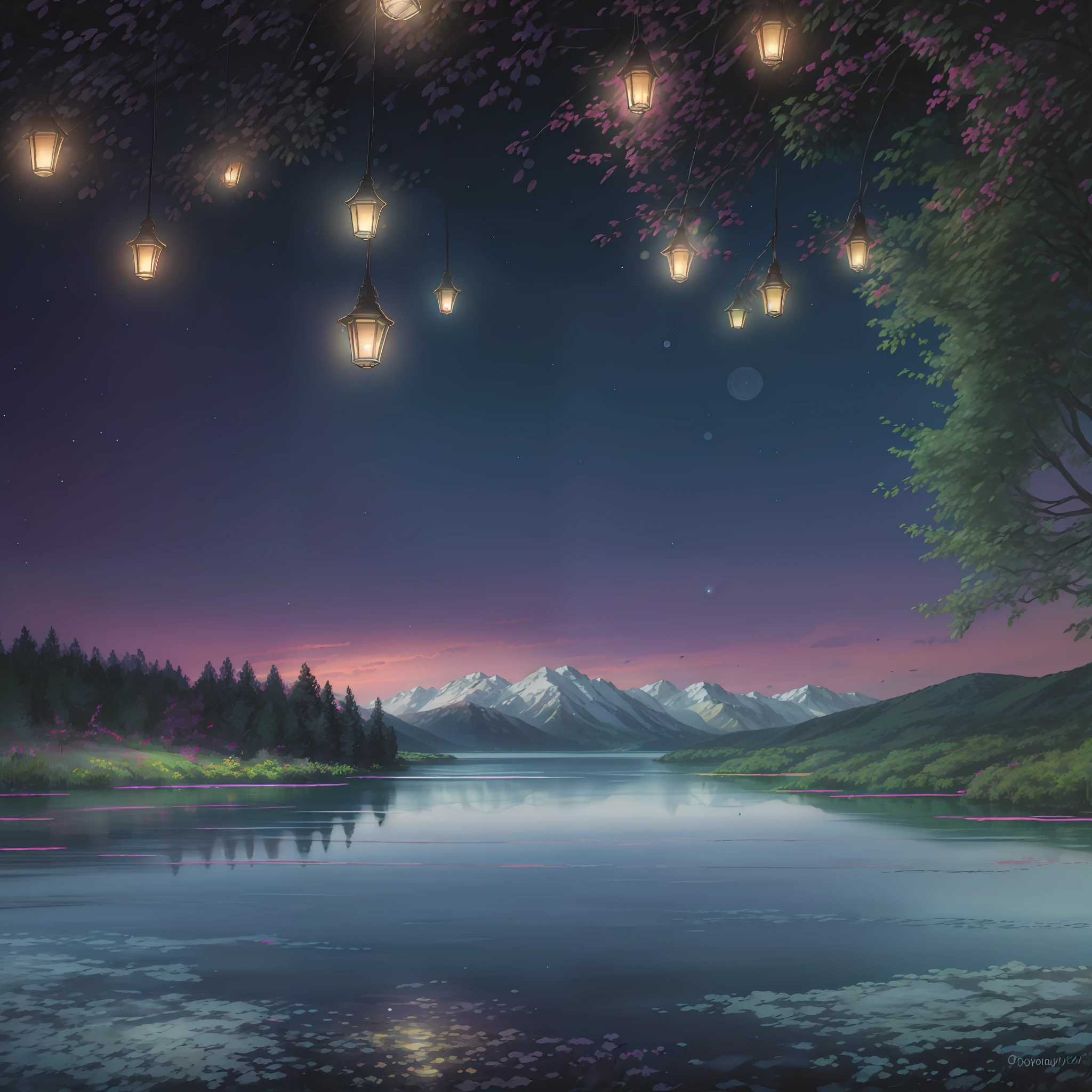 scenecy，photography of，Ultra photo realsisim，The galaxy is shining，Starlight，Lakes and mountains，A display of fireworks and a sea of lanterns，extreme light，starrysky，