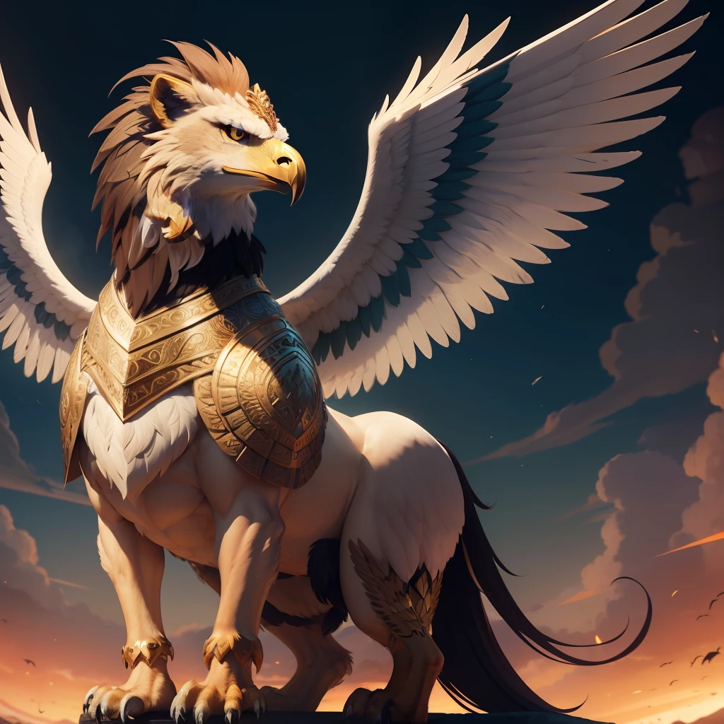 An anthropomorphic griffin can be described as a creature with the body of a lion and the head and wings of an eagle, standing upright on two hind legs. This particular griffin is adorned in chainmail armor, with a blue mantle draped over its shoulders. The mantle is decorated with intricate golden patterns that catch the light and glimmer in the sun. Its piercing eagle eyes survey the world around it with a mix of intelligence and ferocity, ready to defend itself and its territory at a moment's notice.