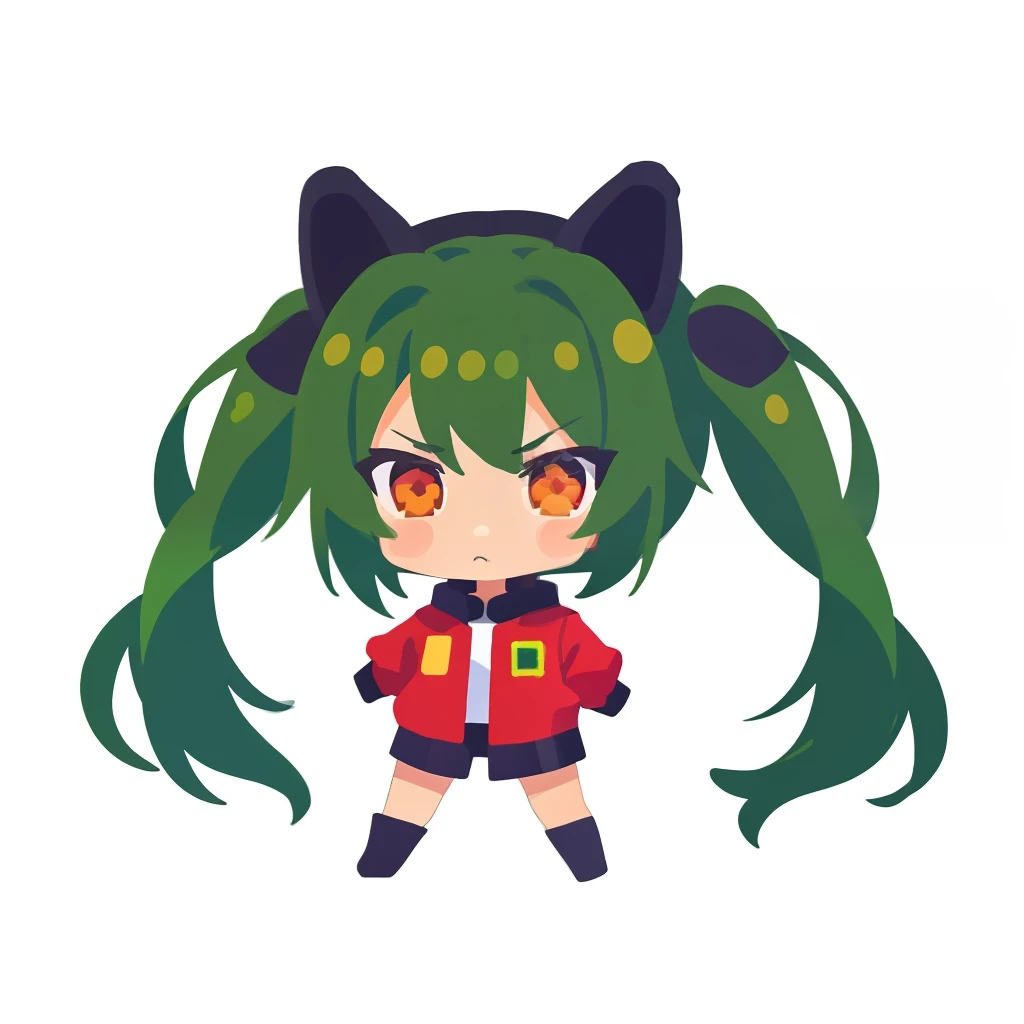 超A high resolution, nffsw, Best aesthetic, Best Quality, masutepiece, ik1、Full body depiction, troubled look、Arms crossed, 1girl in、Jade-colored jacket、cartoon bone、Green Hair Anime Girl, flat anime style,  Black cat ears, Anime girl with black cat ears, digital anime illustration,  Plain white background