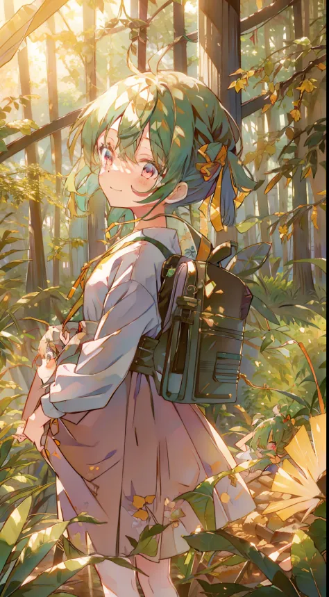 one girl、bun hair、twin-tailed、double knot、green hair、sano、laugh、a smile、in woods、stump、to stand、​masterpiece、top-quality、top ima...