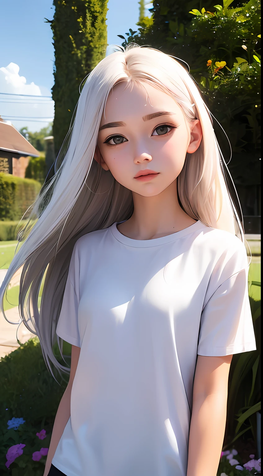 uma garota，18 anos，realisticamente，camiseta branca longa，  Realista，no Jardim，cabelo flutuante， Rosto detalhado --auto