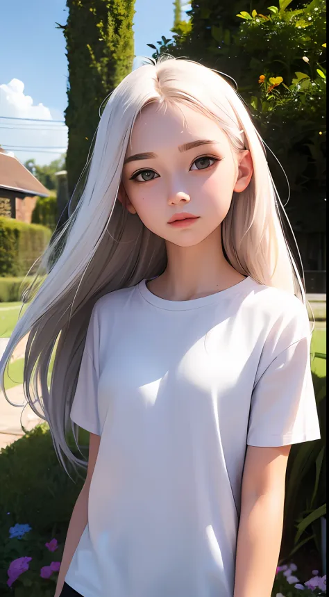 A girl，18yr old，realisticlying，Long white T-shirt，  Realistis，In the garden，Floating hair， Detailed face --auto