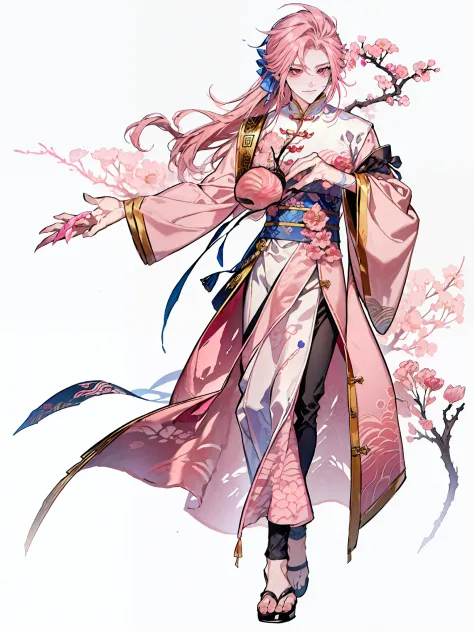a close up of a person in a pink dress holding a shuriken, flowing hair , ((Ponytail)) and ((long slit robes)), full body xianxi...