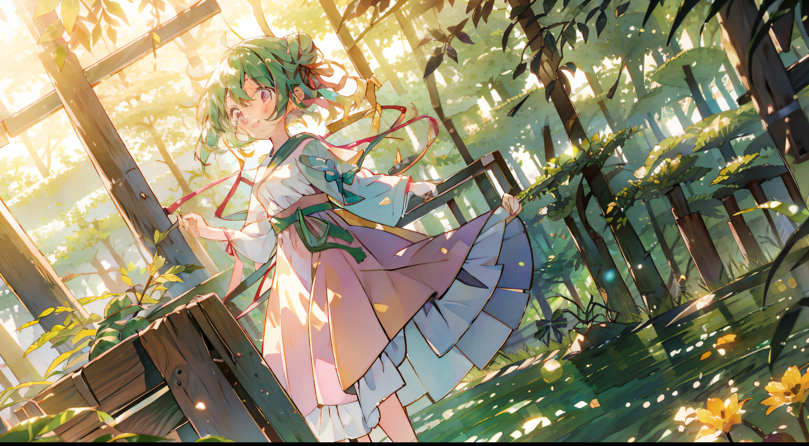 One girl、Bun hair、Twin-tailed、Double knot、Green hair、sano、Laugh、A smile、in woods、stump、to stand、​masterpiece、top-quality、Top image quality、cute little、Pink eyes、morning、the woods、Yellow-green dress、Ribbon on the back