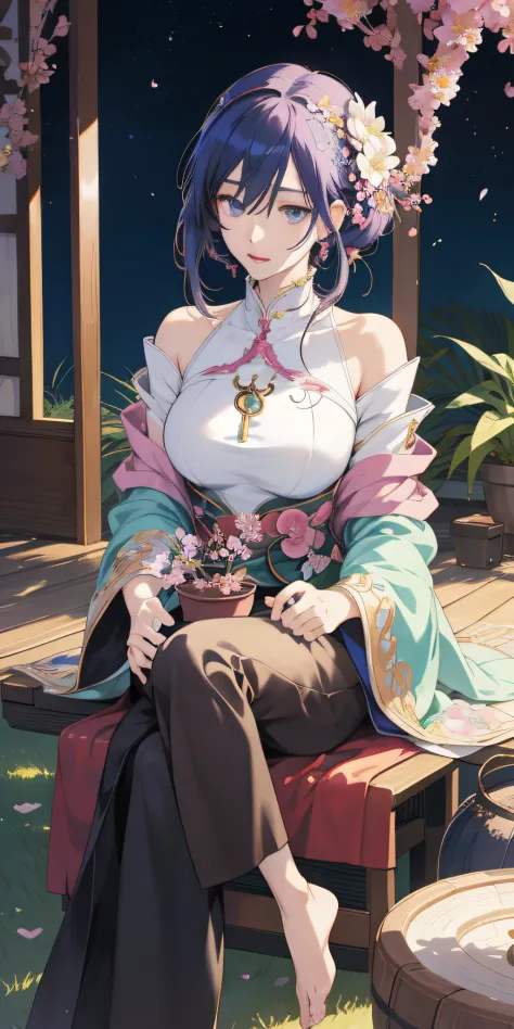 Anime girl sitting on chair with flower pot in hand, cute anime huaifu in beautiful clothes, beautiful and seductive anime woman, epic light novel art cover, 8k high quality detail art, epic light novel cover art, beautiful anime girl, beautiful anime woma...