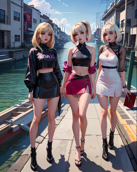 three women in short dresses posing for a picture on a boat, blackpink, trending at cgstation, trending on cgstation, album art,...
