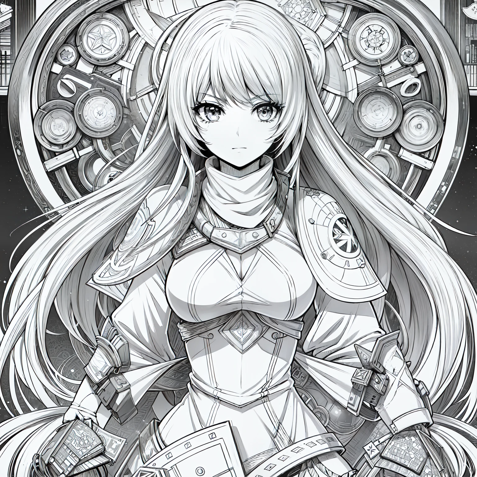 1 Mädchen, der 22, lineart, Manga-Stil, Manga-Lineart, monochrome, ganzer Körper, Inspiriert von Ryuko Matoi, Anime-Stil, mittelalterliches Charakterkonzept, RPG-Stil, Lange Haare, Locken, lange Ohrringe, Große Augenbrauen, dicke Augenbrauen, mittelalterliche Rüstung, Halbe Rüstung, Schal mit Rautenlogo, großes Mädchen, Lange Beine, Leder- und Metallstiefel, Schulterpolster aus Metall, kleine Brüste