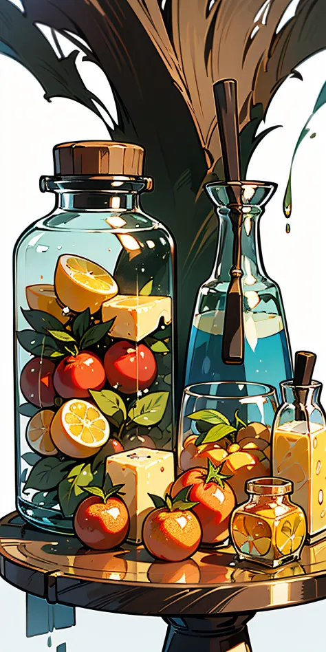 (Masterpiece: 1.2), (Best Quality: 1.2), Various types of glass sealed jars, fruits, juices, magic potions, colorful, well organ...