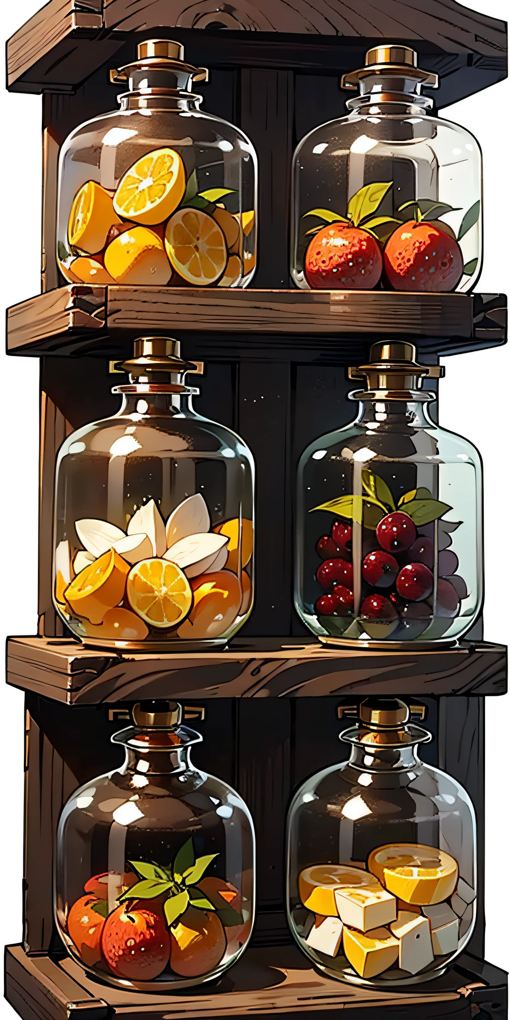 (Masterpiece: 1.2), (Best Quality: 1.2), Various types of glass sealed jars, fruits, juices, magic potions, colorful, well organized, arranged, white background, HD, Masterpiece, Super Detail, (Best Quality, High Resolution), Ultra HD, 32K, cgStation Pop ----niji 5