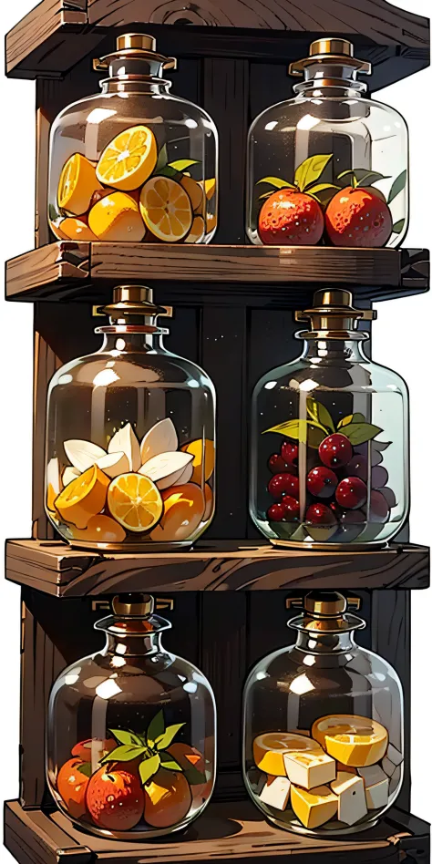 (masterpiece: 1.2), (best quality: 1.2), various types of glass sealed jars, fruits, juices, magic potions, colorful, well organ...