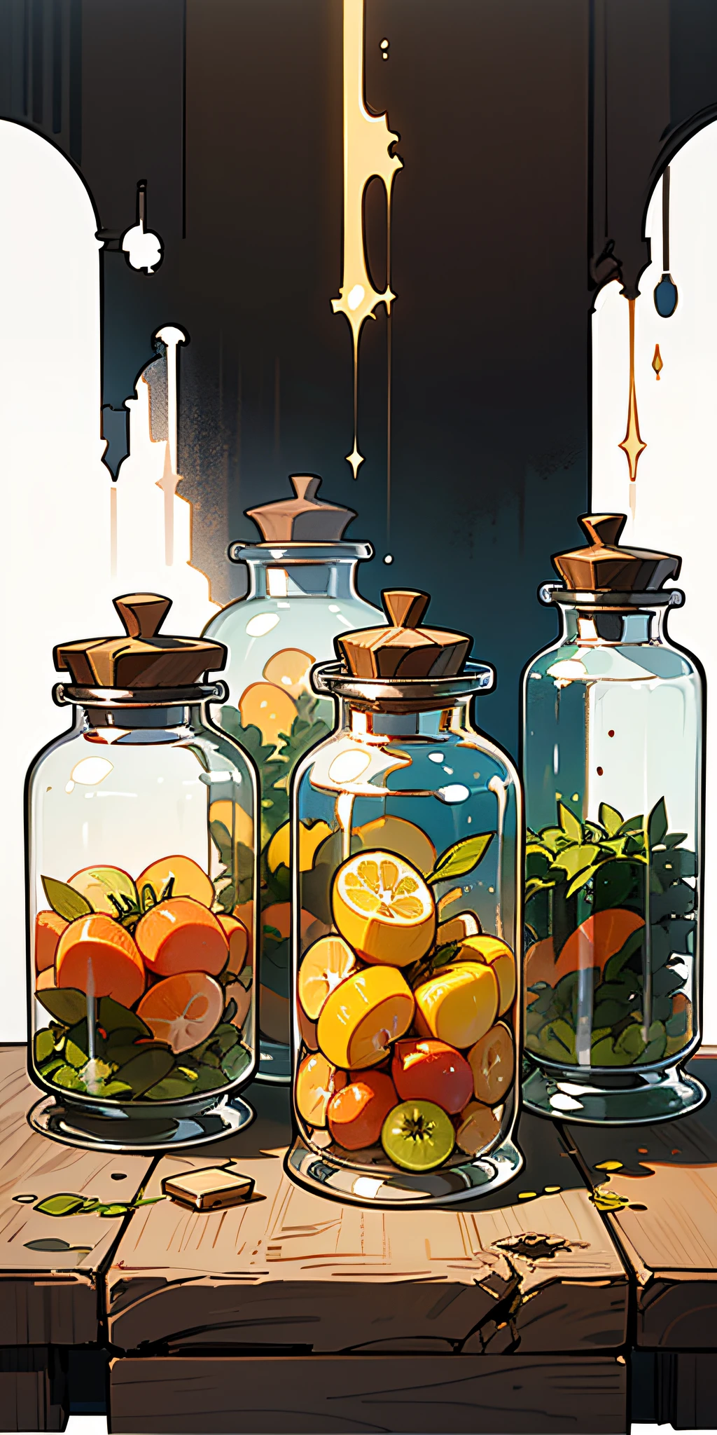 (Masterpiece: 1.2), (Best Quality: 1.2), Various types of glass sealed jars, fruits, juices, magic potions, colorful, well organized, arranged, white background, HD, Masterpiece, Super Detail, (Best Quality, High Resolution), Ultra HD, 32K, cgStation Pop ----niji 5