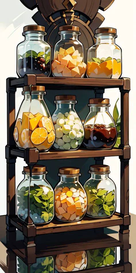 (Masterpiece: 1.2), (Best Quality: 1.2), Various types of glass sealed jars, fruits, juices, magic potions, colorful, well organ...