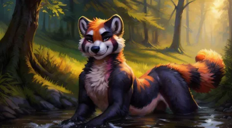 subido a e621, (por kenket, por Ross Tran, por Ruan Jia, por Foxovh) de un red-panda taur macho de ojos azules, ((colores natura...