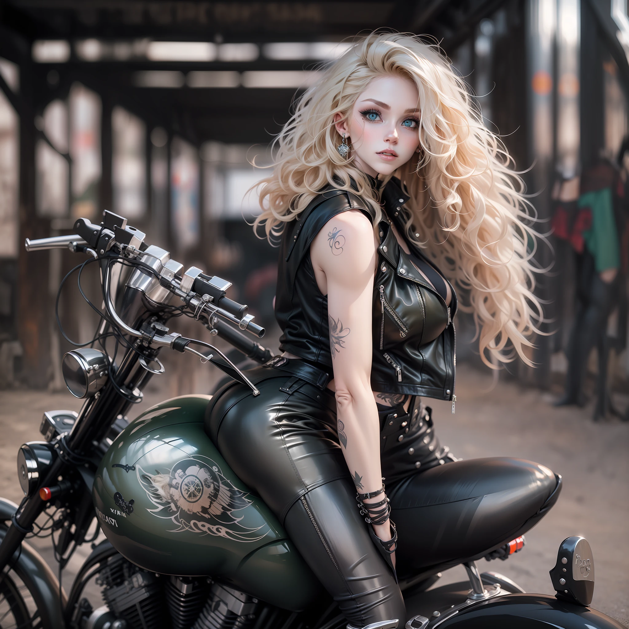긴 곱슬머리에 녹색 눈을 가진 아름다운 여자, 오토바이 타기, 가죽 탱크탑과 타이트한 가죽 바지를 입고, 뒤에서, 고딕 하주르크 스타일, 귀여운 디테일, 문신, 창백하고 하얀 피부