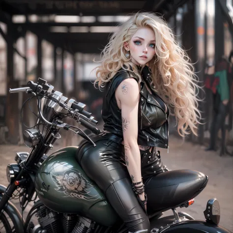 Beautiful woman with long curly blonde hair and green eyes, riding a motorcycle, wearing a leather tank top and tight leather pa...