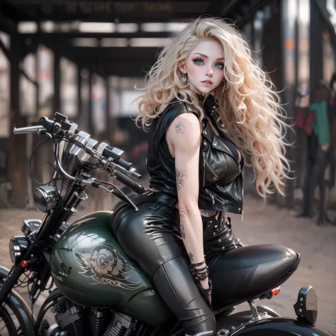 beautiful woman with long curly blonde hair and green eyes, riding a motorcycle, wearing a leather tank top and tight leather pa...