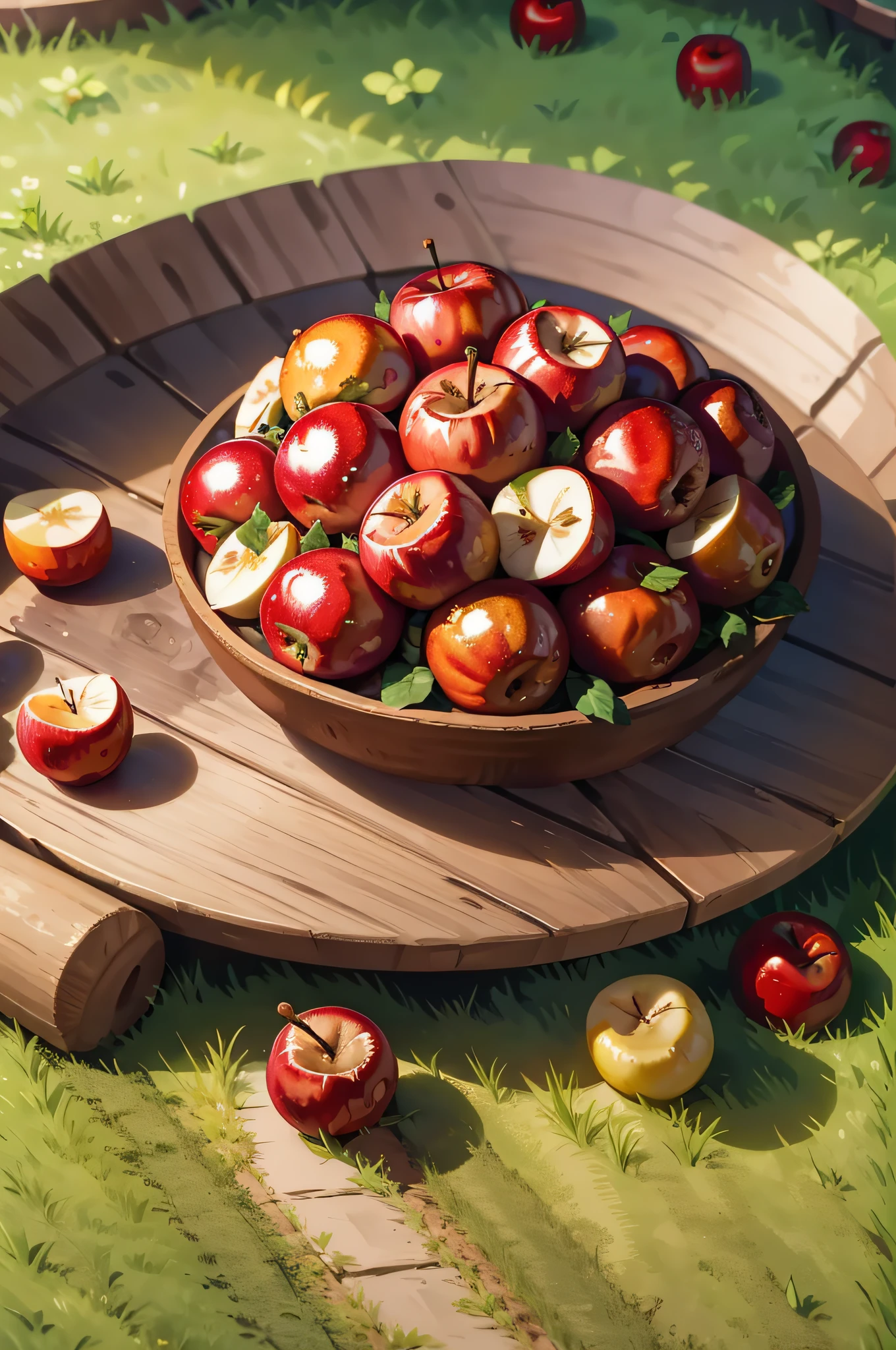 masterpiece, high quality, best quality, Red apples, lying on the grass, foodphoto,