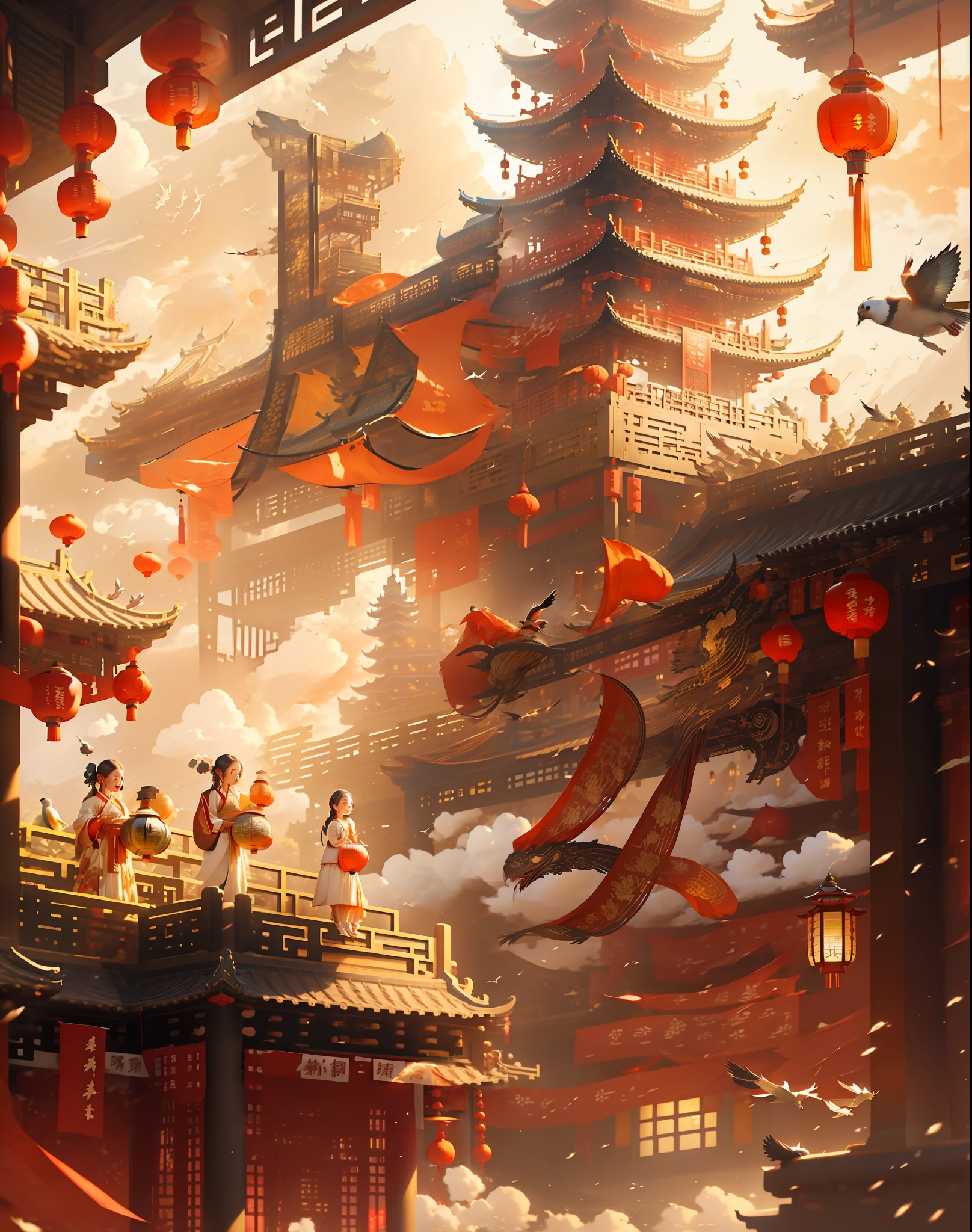 architecture, east asian architecture, scenery, lantern, pagoda, outdoors, sky, paper lantern, cloud, bird, building, tree, standing, mountain, bridge, holding, multiple girls, 6+boys, day, masterpiece, best quality,