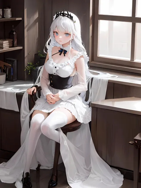 tmasterpiece，Extremely quality，Highest image quality，1girll，Solo，Lazy，White hair，Dull hair，Little blue dress，White stockings，is ...