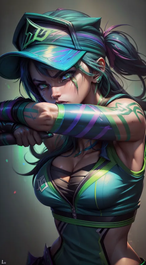 scene of(body shot),((akali from league of legends))wearing a cap, ((vivid rainbow fluorescent lights)) break ,(perfect green eyes),(perfect hands),beautiful detailed skin texture,ultra realistic, concept art,photorealistic, octane render,ultra quality, a ...