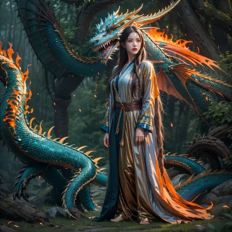 A beautiful girl with a rainbow dragon, ((girl wearing a long robe)), (wearing chain mail: 1.4), (long cloth pants: 1.2), (chain...