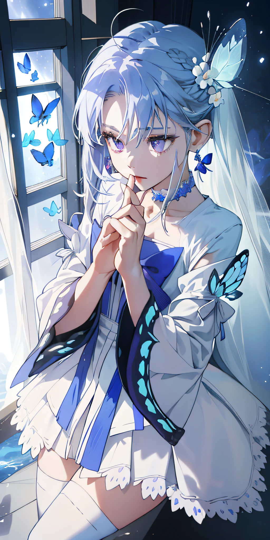 (Masterpiece, Best Quality: 1.4), Detailed Background, White Crystal, Crystal Cluster, Long Hair, Jewelry, Earrings, Necklace, Crown, Bride, White Hair, Halo, (Overlook), Dynamic Angle, Ultra Detailed, Illustration, Close Up, Direct Look, 1girl, (Fantasy: 1.4), (Purple Eyes: 1.233), Her Eyes Shine Like Dreamy Stars, (Glow Eyes: 1.233), (Beautiful and Delicate Eyes: 1.1), (Silver Hair: 1.14), (Messy Hair, Very Long Hair, French braids, hair between the eyes, side hair), (+(blue hair flower: 1.14)), (chiffon dress, uniform blue flower pattern)/= (military uniform: 1.24), (split sleeves, wide sleeves), (fingerless gloves), choker, (miko thighhighs), high heeled boots, (expressionless, shut up), (standing), (classical princess boudoir with dresser floor-to-ceiling windows white ancient palace), (white flowers, blooming), (deep sea), (flowing water), (dark blue world tree:1.14),(Ruins),(Night:1.2),dreamy,Soul,(fluorescent),(Flying Translucent Blue Butterfly:1.15),[Delicate Fingers and Hands:0.55]::0.85], (Finger Detail), (Yubao:0.5)