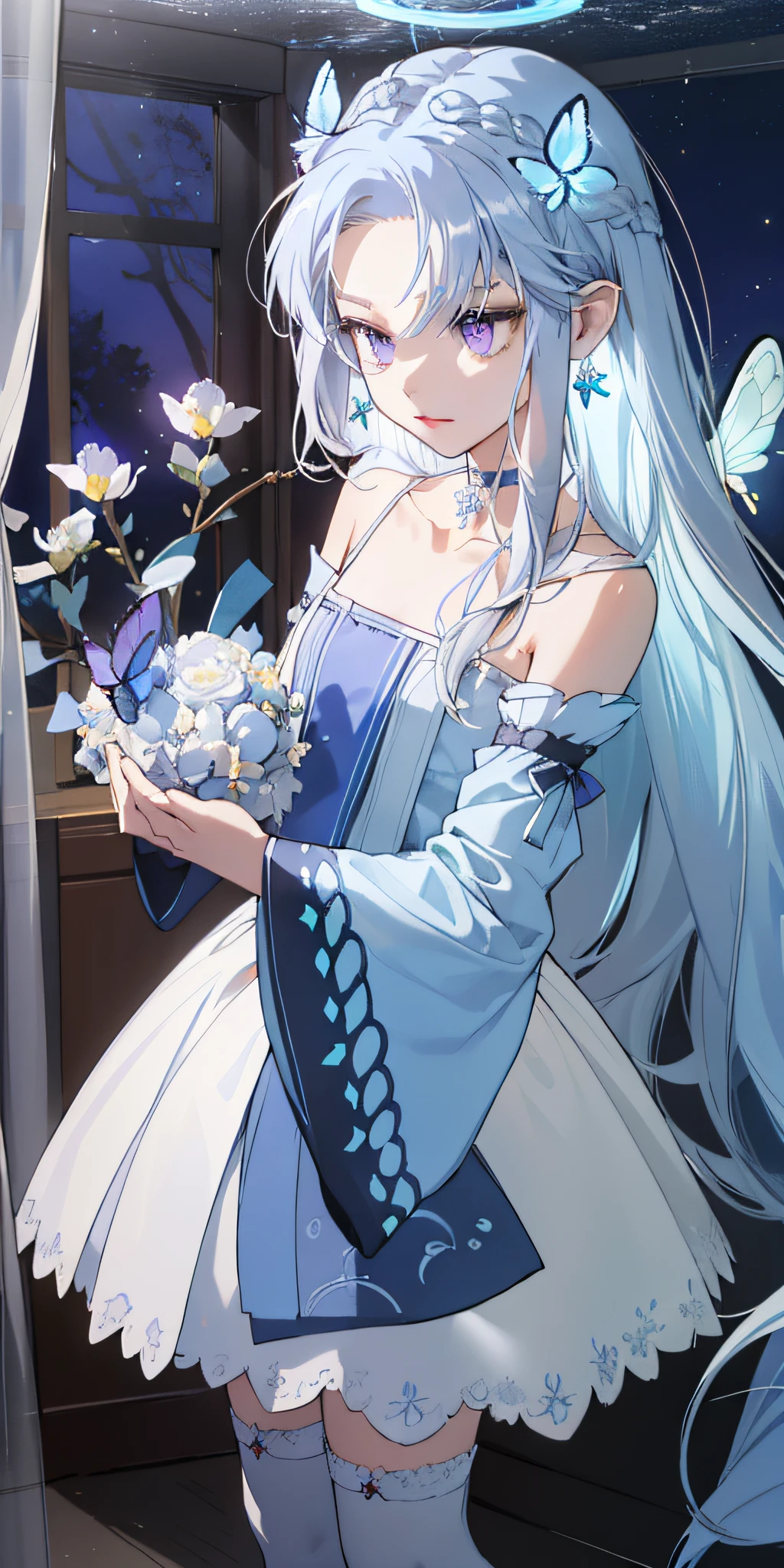 (Masterpiece, Best Quality: 1.4), Detailed Background, White Crystal, Crystal Cluster, Long Hair, Jewelry, Earrings, Necklace, Crown, Bride, White Hair, Halo, (Overlook), Dynamic Angle, Ultra Detailed, Illustration, Close Up, Direct Look, 1girl, (Fantasy: 1.4), (Purple Eyes: 1.233), Her Eyes Shine Like Dreamy Stars, (Glow Eyes: 1.233), (Beautiful and Delicate Eyes: 1.1), (Silver Hair: 1.14), (Messy Hair, Very Long Hair, French braids, hair between the eyes, side hair), (+(blue hair flower: 1.14)), (chiffon dress, uniform blue flower pattern)/= (military uniform: 1.24), (split sleeves, wide sleeves), (fingerless gloves), choker, (miko thighhighs), high heeled boots, (expressionless, shut up), (standing), (classical princess boudoir with dresser floor-to-ceiling windows white ancient palace), (white flowers, blooming), (deep sea), (flowing water), (dark blue world tree:1.14),(Ruins),(Night:1.2),dreamy,Soul,(fluorescent),(Flying Translucent Blue Butterfly:1.15),[Delicate Fingers and Hands:0.55]::0.85], (Finger Detail), (Yubao:0.5)