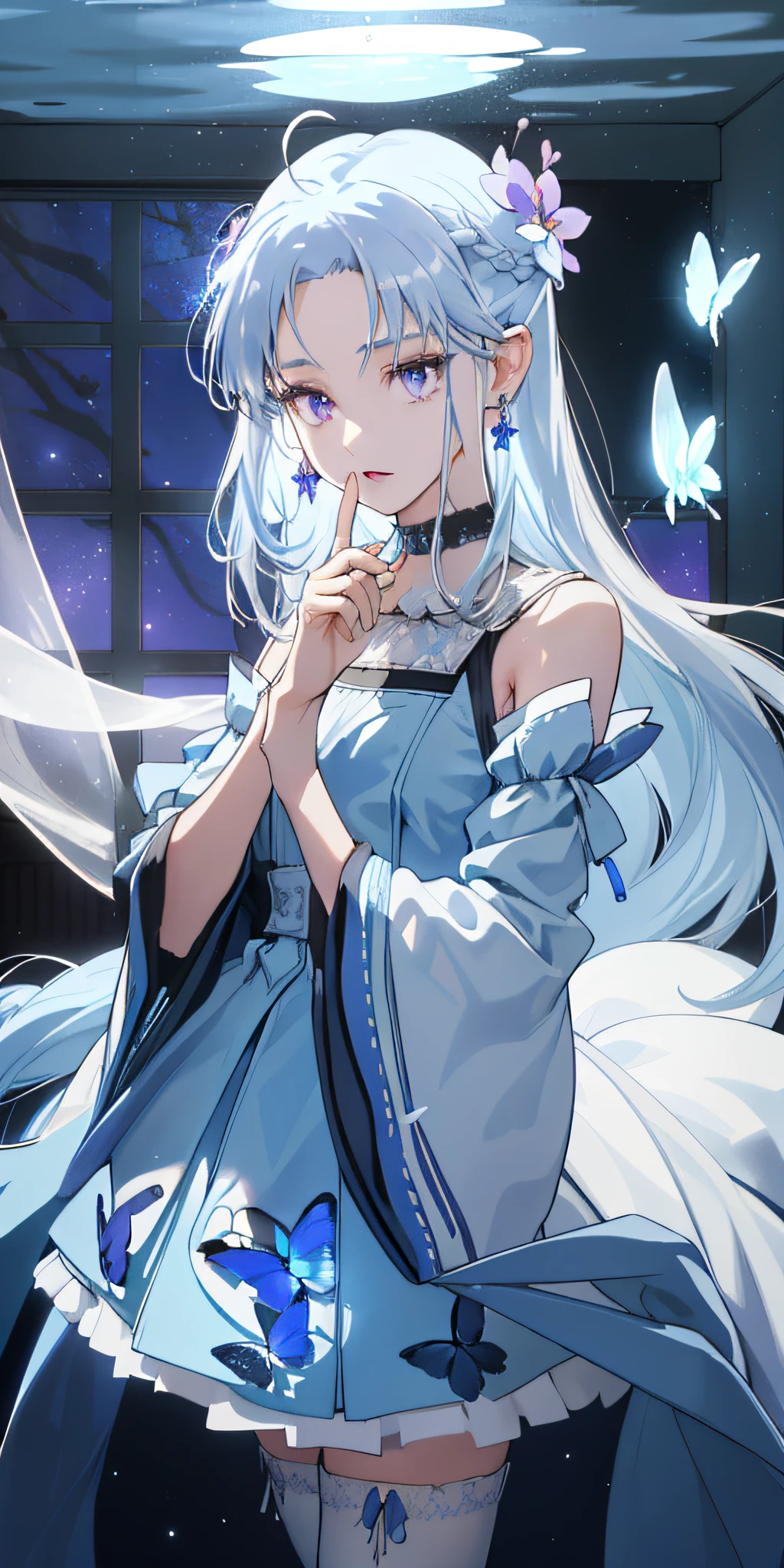 (Masterpiece, Best Quality: 1.4), Detailed Background, White Crystal, Crystal Cluster, Long Hair, Jewelry, Earrings, Necklace, Crown, Bride, White Hair, Halo, (Overlook), Dynamic Angle, Ultra Detailed, Illustration, Close Up, Direct Look, 1girl, (Fantasy: 1.4), (Purple Eyes: 1.233), Her Eyes Shine Like Dreamy Stars, (Glow Eyes: 1.233), (Beautiful and Delicate Eyes: 1.1), (Silver Hair: 1.14), (Messy Hair, Very Long Hair, French braids, hair between the eyes, side hair), (+(blue hair flower: 1.14)), (chiffon dress, uniform blue flower pattern)/= (military uniform: 1.24), (split sleeves, wide sleeves), (fingerless gloves), choker, (miko thighhighs), high heeled boots, (expressionless, shut up), (standing), (classical princess boudoir with dresser floor-to-ceiling windows white ancient palace), (white flowers, blooming), (deep sea), (flowing water), (dark blue world tree:1.14),(Ruins),(Night:1.2),dreamy,Soul,(fluorescent),(Flying Translucent Blue Butterfly:1.15),[Delicate Fingers and Hands:0.55]::0.85], (Finger Detail), (Yubao:0.5)