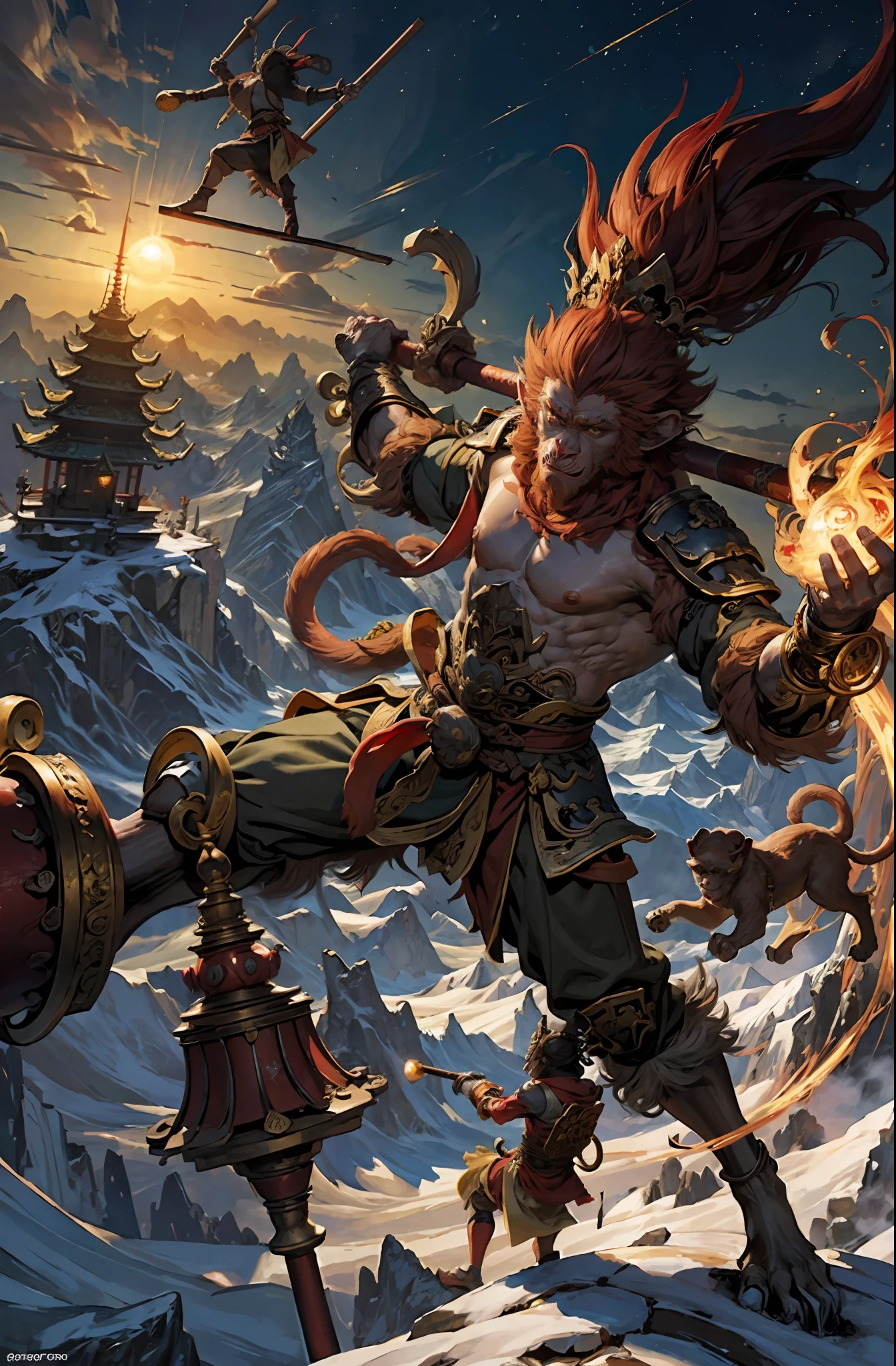 (highres:1.4),official art, unity 8k wallpaper, ultra detailed, beautiful and aesthetic, masterpiece, best quality, realistic, (fractal art), epic scene, highres, (masterpiece), (best quality), pov from above, Sun Wukong, ([golden:red]:0.4) fur, ([heavy Chinese armor:red cape]:0.4), (one hand holding the Golden Cudgel:1.2), ([monkey king|Sun Wukong]) stomp on ground ready to fly to the top of an ancient Chinese temple ready to battle, tall ancient Chinese temple, night, night sky, (cracked ground:1.2), feet on ground, monkey walking on ground, snow and cloud on the horizon, 
flying,