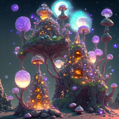 Prompted: platinum ant castle with crystals and glass, it is flaming, castle is on an anthill with blooming magic mushrooms and ...