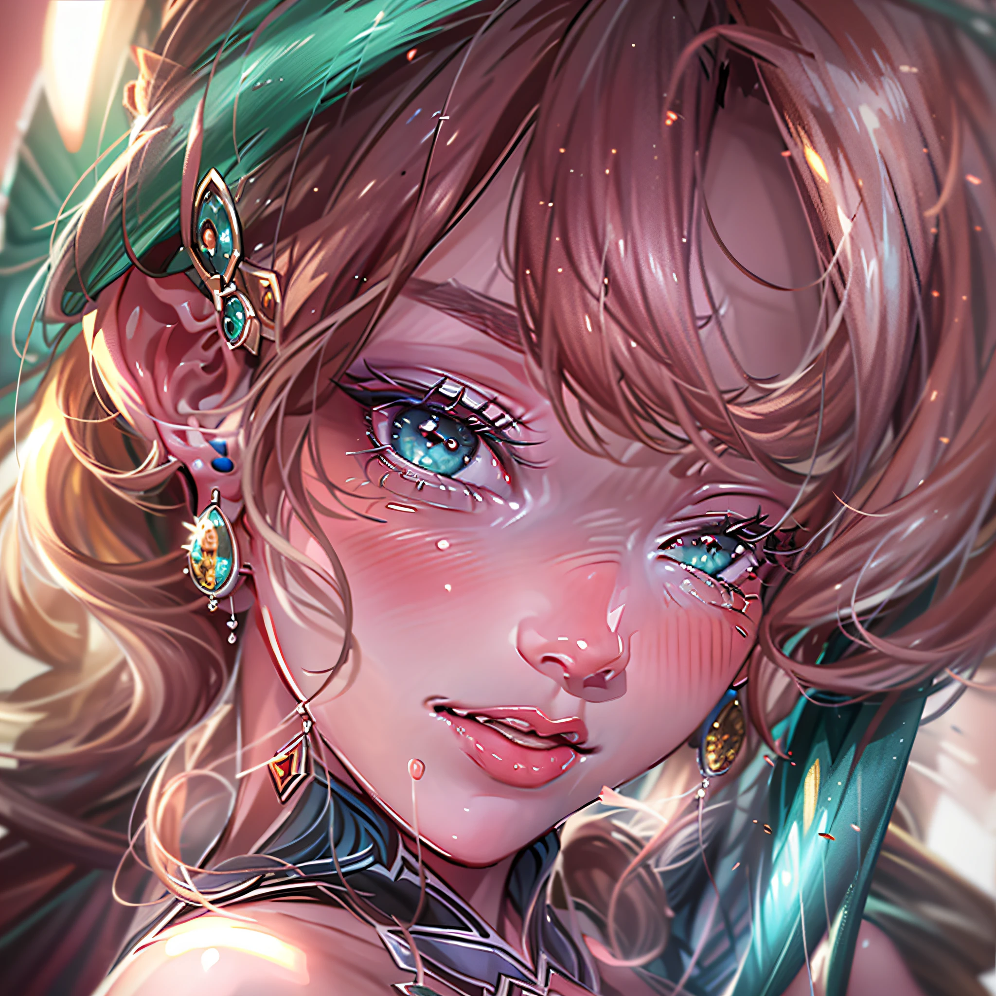 Arena of Valor，nipple play，Bright pupils, puckered lips, Moaning, saliva trail, nose blush, Sobbing, Earrings, aqua eyes，Chiaroscuro, Cinematic lighting, surrealism, High detail, hyper HD, Masterpiece, ccurate, Textured skin, High details, High quality, A high resolution, 16k, 8K