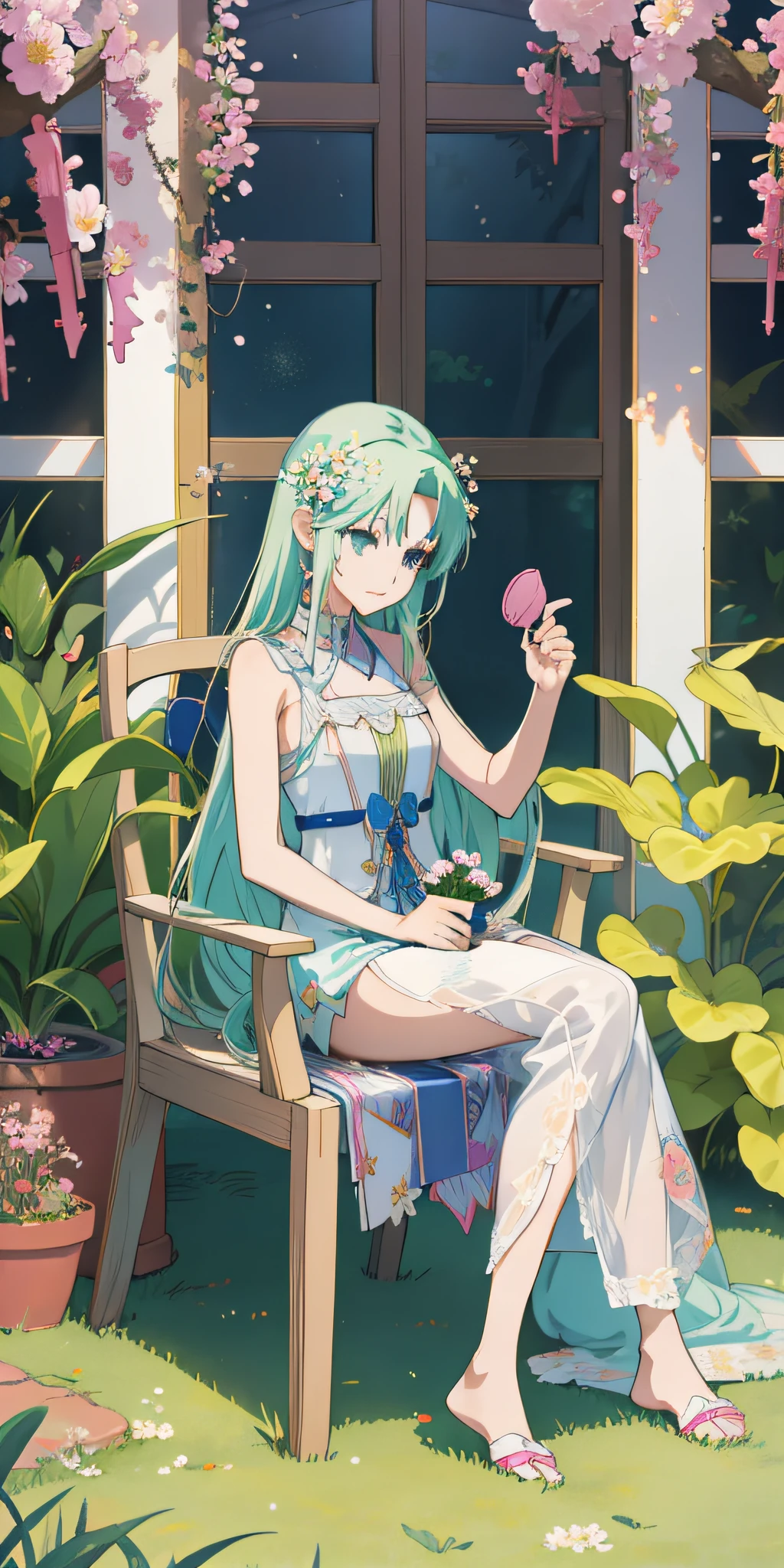 Anime girl sitting on chair with flower pot in hand, cute anime huaifu in beautiful clothes, beautiful and seductive anime woman, epic light novel art cover, 8k high quality detail art, epic light novel cover art, beautiful anime girl, beautiful anime woman, detailed key anime art, seductive anime girl, anime goddess, beautiful fantasy anime, 4K