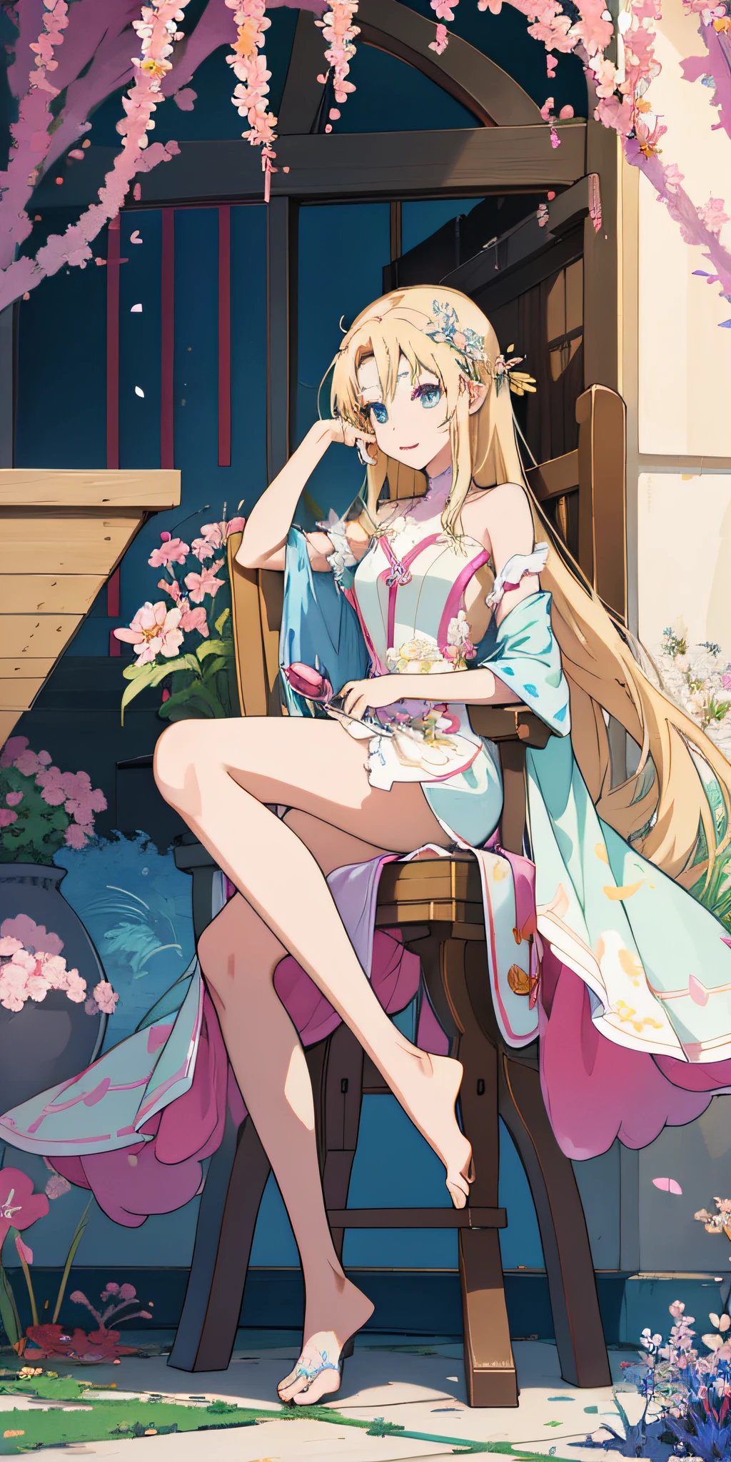 Anime girl sitting on chair with flower pot in hand, cute anime huaifu in beautiful clothes, beautiful and seductive anime woman, epic light novel art cover, 8k high quality detail art, epic light novel cover art, beautiful anime girl, beautiful anime woman, detailed key anime art, seductive anime girl, anime goddess, beautiful fantasy anime, 4K