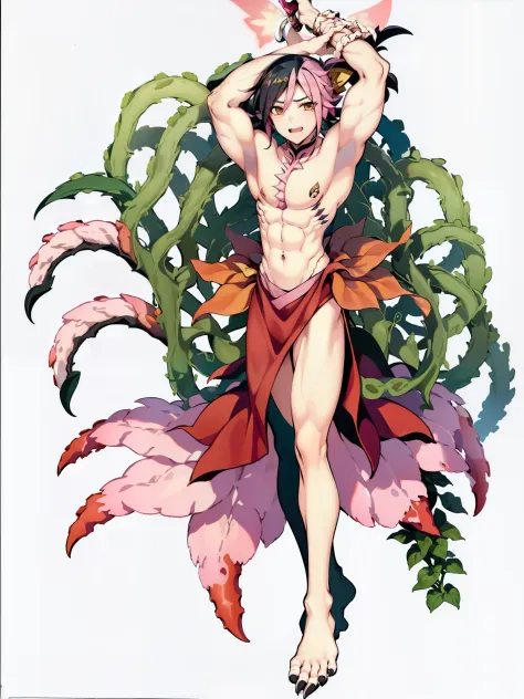 a close up of a person in a pink dress holding a shuriken, flowing hair , ((Ponytail)) and ((long slit robes)), full body xianxia, , Monster ((masucline:1.4)),(Digimon\(creature)\0.4), (Peach Blossom themed:1.2), (Fairy), ((Pink Claw like arms:1.4)), (( pl...