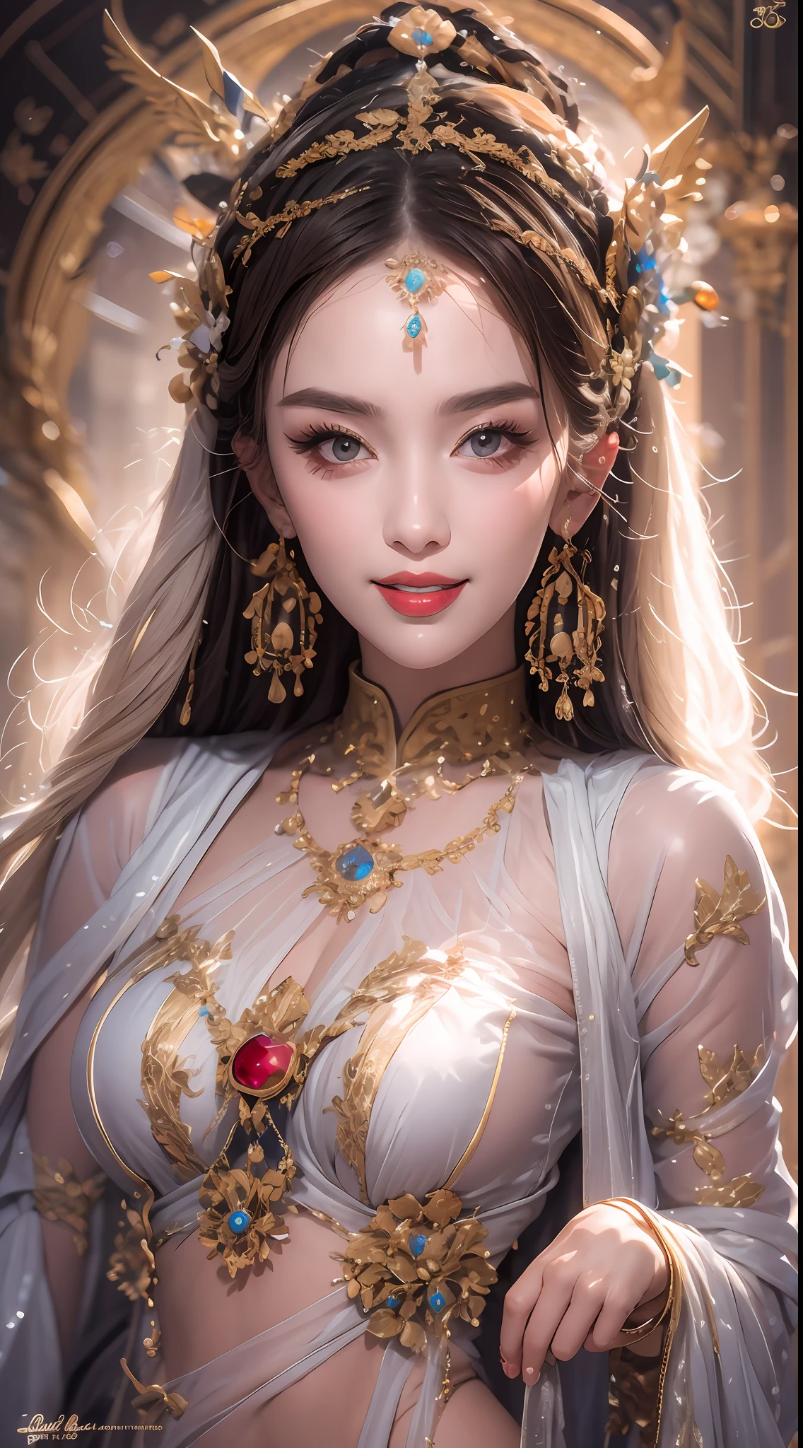 两位圣人的肖像,Charming 成人 saint in a long dress made of thin silk, beautiful saint with an old 脸, 成人, 穿着一件薄薄的彩色丝绸连衣裙, beautiful 脸 without blemishes, (((自然的微笑:1.3))), ((平刘海:0.5)), (((铂金长发:0.5))), 大皇冠, 发饰, 汉服, 中国古风, 全身首饰, 额头纹身, 超均匀胸部, 脸, innocent 脸, 最美丽、最详细的淡红色唇膏, ((薄而丰满的嘴唇:0.3)), ((金色眼睛颜色:0.6)), 细致细腻的灯光效果, 光与暗, 戏剧灯光, 神奇的光芒, 极其细致的灯光, 本色, 超级锋利, 实际的, 8K 画质, 奇幻宇宙背景, 圣人和魔法空间, 最详细的图像, ((独自的:0.3)), ((圣女:0.6)), ((直视圣人的上半身:0.4)), ((光滑肌肤:0.5)), ((圣女的面纱:0.6)), ((独自的:0.5)), ((独自一人的女孩:0.4)),