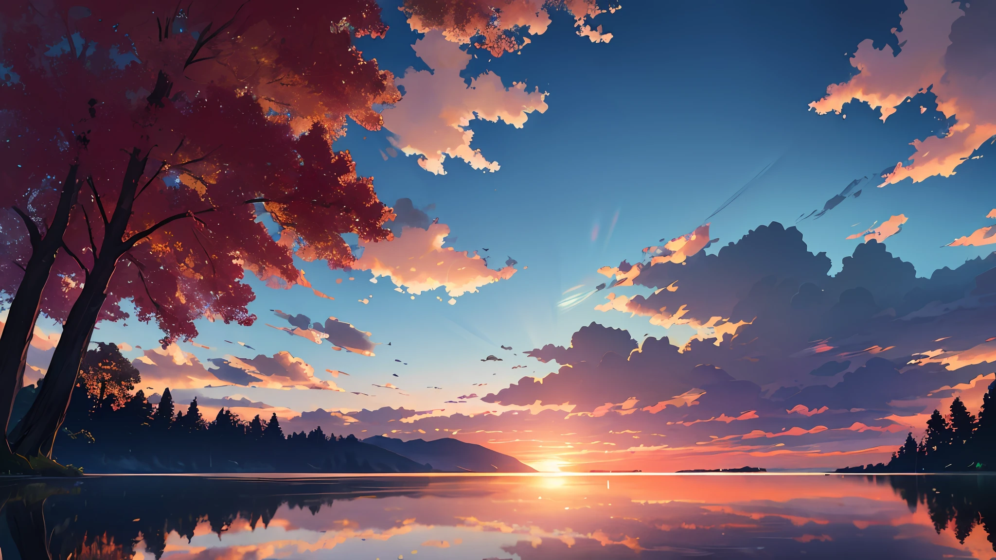 masterpiece, best quality, aesthetic, highres RAW photo, landscape photography, wide shot, from below, scenery, sunrise, blue sky, clouds, lake, reflection, sun, trees, floating leaves, ripples, foreground interest, depth of field, cinematic lighting, asymmetric composition, professional shadows, sharp focus, lens flare