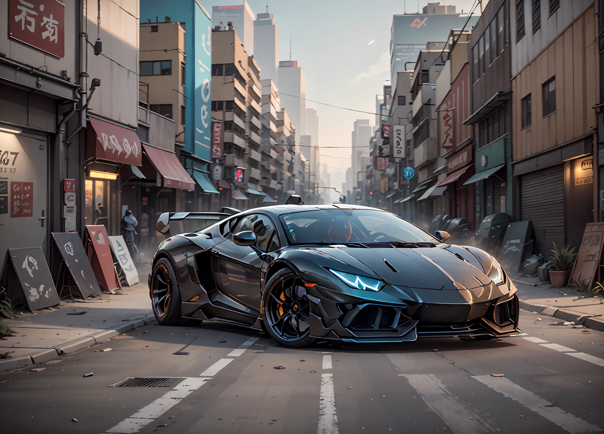 Lamborghini cyberpunk exotique sien, 4K, hdr, le rendu, premier travail, tracé laser, scénario cyberpunk, voiture noire, Batmobile, Néon, les dérives, carbone, futuriste, Néon, nuit, ville cyberpunk 2077