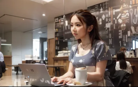 woman sitting at table with laptop and cup of coffee, working in her laptop computer, sitting in front of the computer, in front...