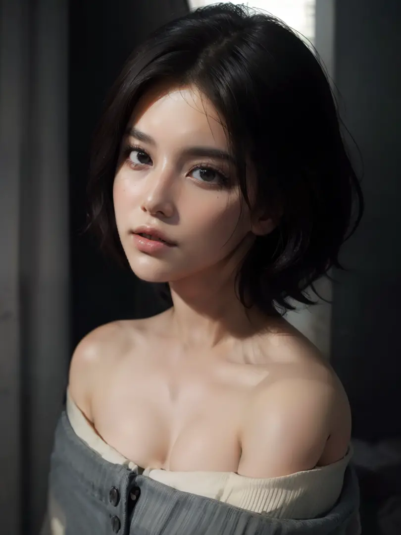 Best quality, masterpiece, ultra high res, (photorealistic:1.5), raw photo, 1girl, offshoulder, in the dark, deep shadow, low key, cold light, sexy look, short hair